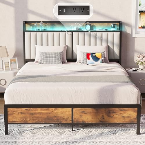 Queen Bed Frame with Headboard Upholstered,Metal Platform with Under-Bed Storage,Built-in Charging Station & LED, Noise-Free, Metal Support, No Box Spring Needed, Vintage Brown&White