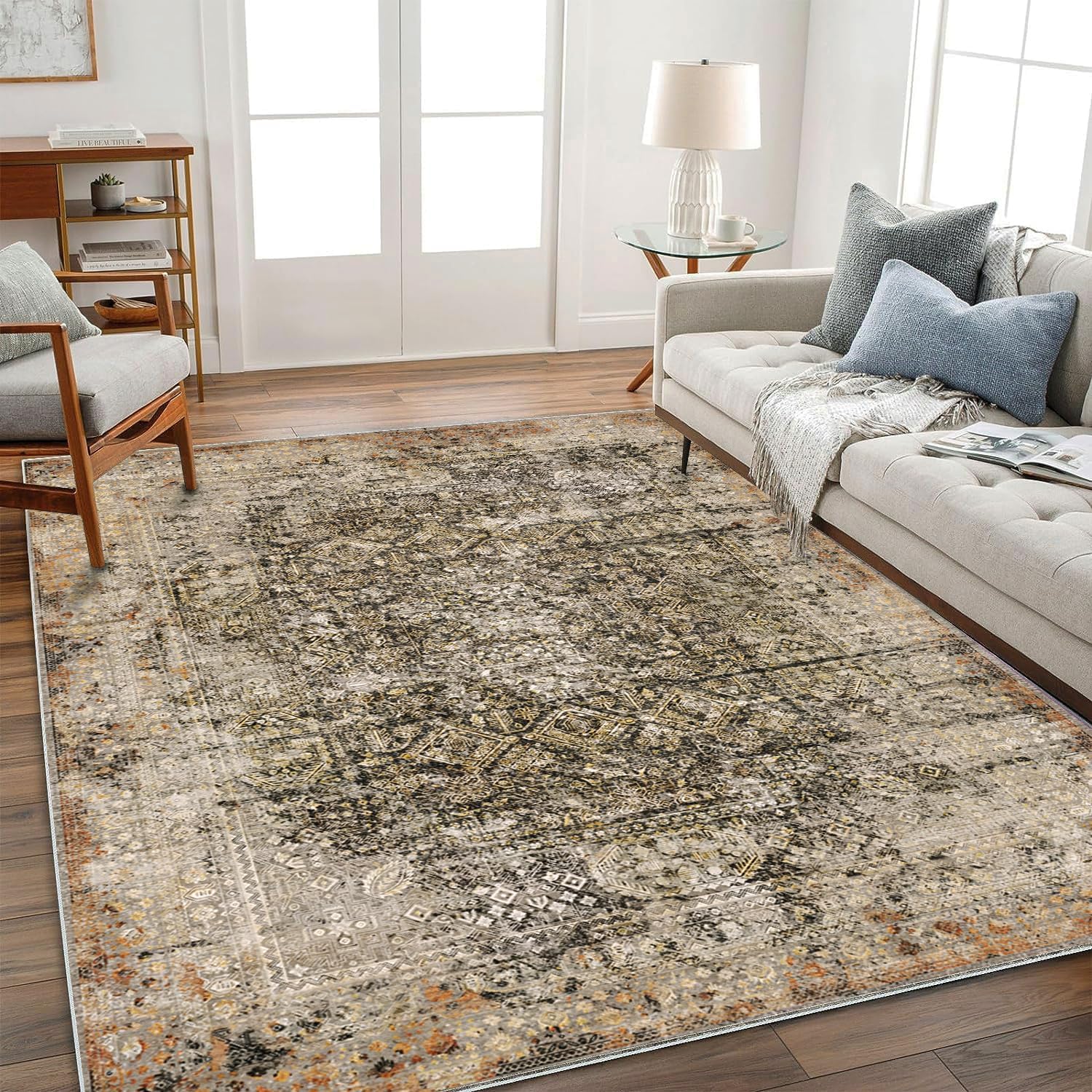 5'x7' Washable Area Rug Vintage Rug Traditional Floor Cover Foldable Thin Rug Kitchen Accent Rug Indoor Distressed Non Slip Carpet Floral Print Mat Bedroom Living Room Bathroom