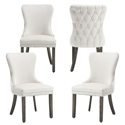 Velvet Dining Chairs Set of 4, Nikki Collection Upholstered Side Chair with Nailhead Trim, Button Tufted Wingback Dining Chairs with Solid Wood Legs, Dark Gray