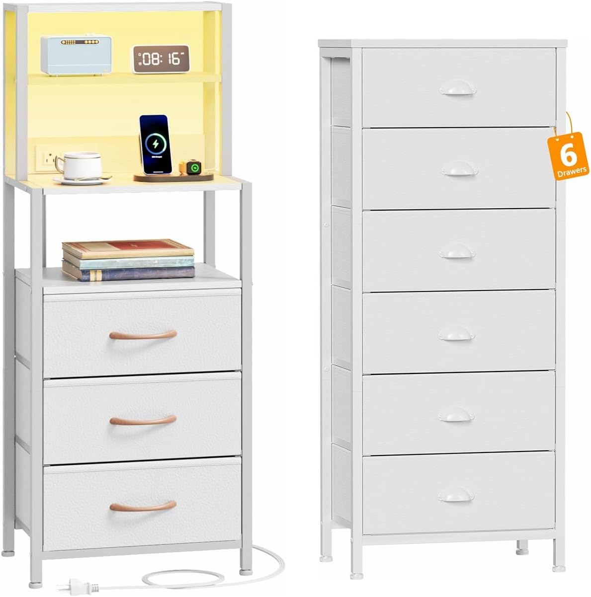 Furnulem White Tall Dresser for Bedroom, Night Stand with 3 Fabric Drawers and Charging Station in Living Room,Closet,Entryway,Hallyway