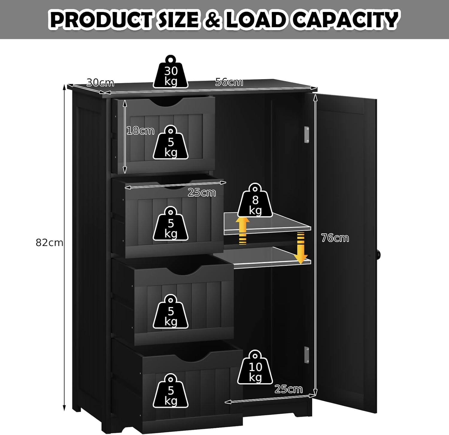 Bathroom Floor Cabinet, Freestanding Storage Organizer Unit with Adjustable Shelf, 1 Doors and 4 Drawers, Wooden Freestanding Cupboard for Entryway Kitchen Living Room (Black)