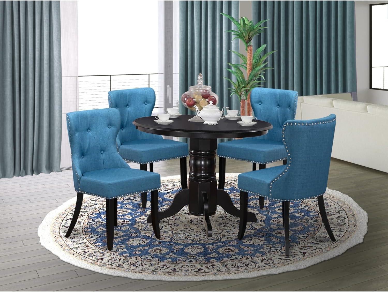 Renaissance Romance Furniture - A Wooden Dining Table Set f 4 Wonderful Dining Room Chairs, Mineral Blue Color & A Stunning 42-Inch Round Wooden Dining Table Using Black Color