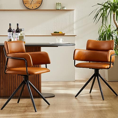 Dining Chairs Set of 2,Mid-Century & Farmhouse Style,Upholstered Leather Accent Chairs with Arms, Easy Assembly & Clean,Seating for Living Room & Kitchen (Light Brown,Swivel Chair Set of 2)