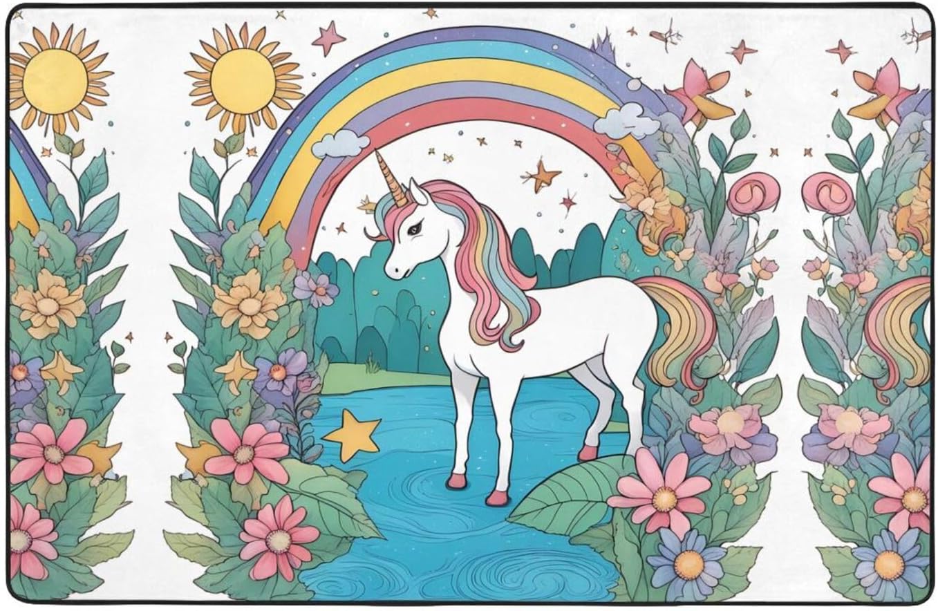 Area Rugs,Living Room Floor Mats Runner Rug Non-Skip Nursery Mat Playing Carpet 60 x 39 inch Unicorns by The river Pattern
