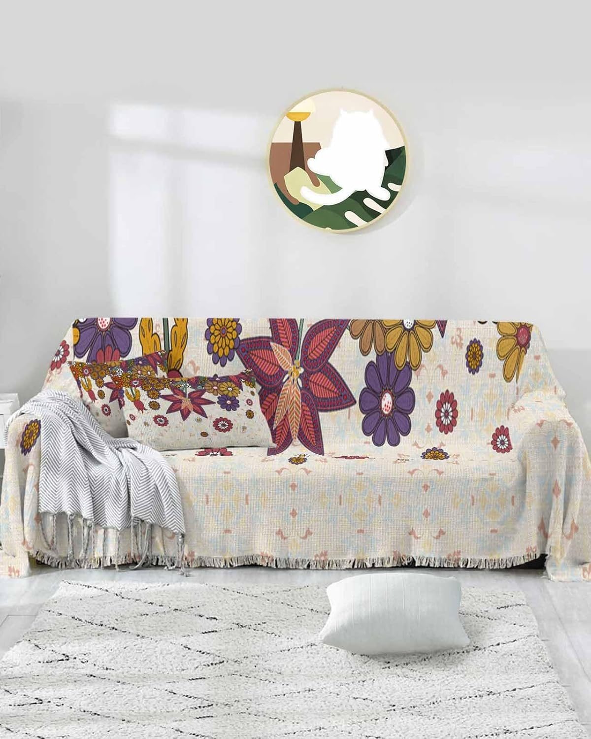 Boho Sofa Cover Couch Covers for 3 Cushion Couch Throw Couch Cover with Tassel Soft Sofa Slipcover Vintage Daisy Flowers Texture Leaves on Burlap Couch Furniture Protector for Dog Pet 71