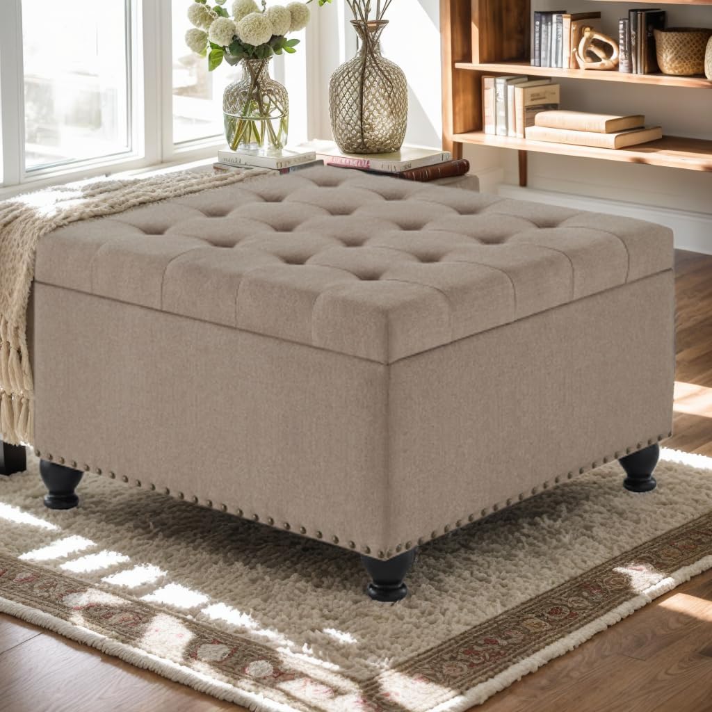 Large Square Storage Ottoman with Wood Legs, Storage Ottoman Footrest and Seat Cube, Upholstered Button Tufted Coffee Table with Nail Trims for Living Room, Entryway, or Bedroom, Linen