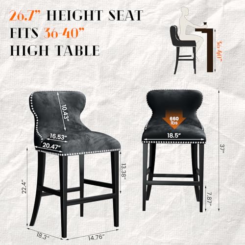 Upholstered Counter Height Bar Stools Set of 4, 26 inch Barstools with Backs, Velvet Counter Stools for Kitchen Island, High Tall Bar Chairs with Footrest, Nailhead Trim(White)