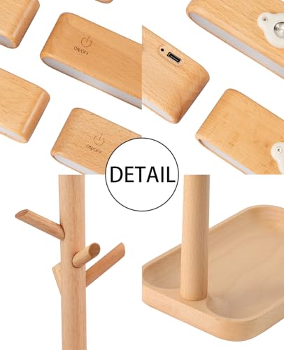 Real Wooden Table Lamp Tree Trunk Faux Wood Column Rechargeable Led Desk Lamps Magnetic 360°Rotate Battery Powered Wall Night Lights for Bedside Living Edge Table (Black Walnut)