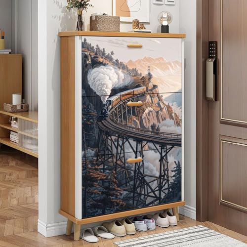 3 Drawer Shoe Cabinet, Artistic Shoe Cabinet, Mid Century Fireplace Purple Dusk Scene Cedar Board Art Wood Shoe Rack Organizer for Entryway Slim (31.5”W x 9.45”D 46”H), Small
