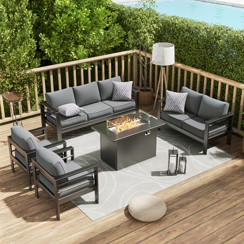 Amopatio Aluminum Patio Furniture, 8 Pieces Metal Outdoor Furniture Set, Modern Patio Sofa Sets Outdoor Sectional for Pool, Garden, Dark Grey&Blue (Included Waterproof Covers)