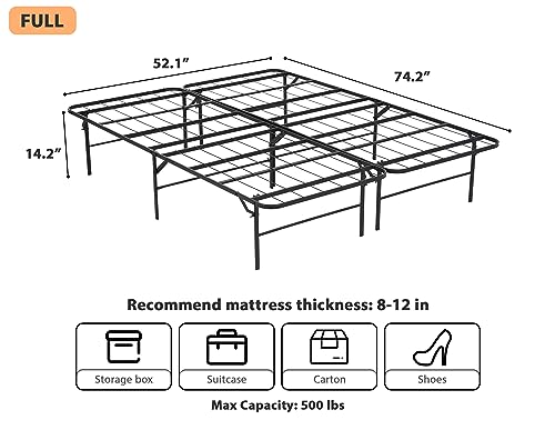Full Size Foldable Bed Frame Mattress Foundation, Black Metal Platform Bed Frame, No Box Spring Needed, Full Size Platform Bed Frame w/Heavy Duty Steel Slat Mattress Foundation, Space Saving