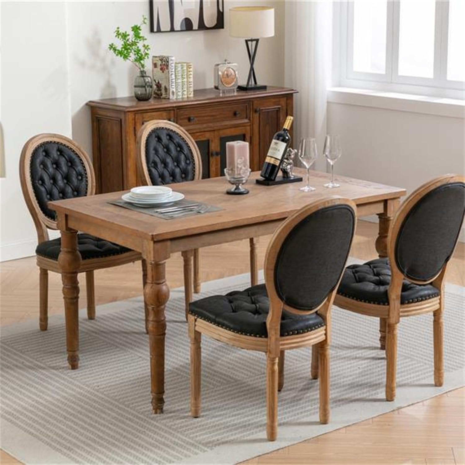 French Solid Wood Frame Antique Painting, Hand-Pull Buckle Decoration PU Imitation Leather Dining Chair, Banquet Chair with Nail Head Trim, Wooden Legs, high Back, 2-Piece Set, Black