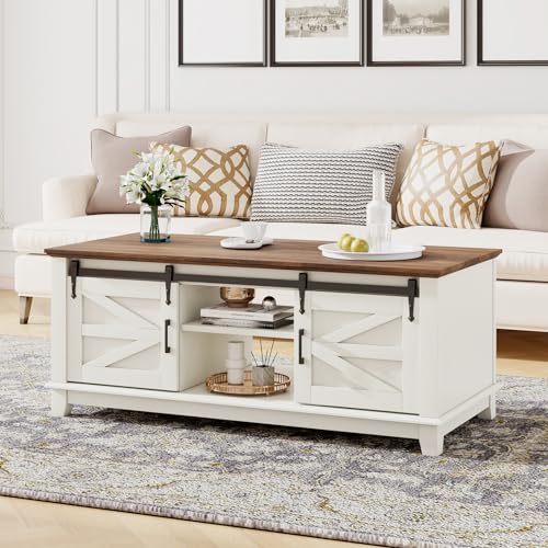 Farmhouse Coffee Table with Sliding Barn Doors, 48'' Living Room Table with Storage Adjustable Shelves, Rustic Wood Rectangular Tables for Meeting Room, Antique White