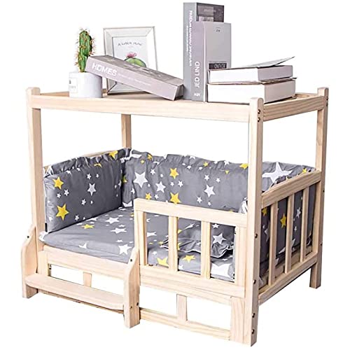 2-layer wooden dog bed, elevated solid wood dog bed double layer pet bed, with mattress,suitable for small and medium-sized dogs and cats elevated pet sofa, Small