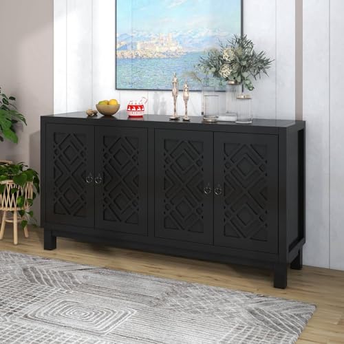 Large Storage Space Sideboard,4 Door Buffet Cabinet with Pull Ring Handles(Black) Cabinets for Living Room,Kitchen