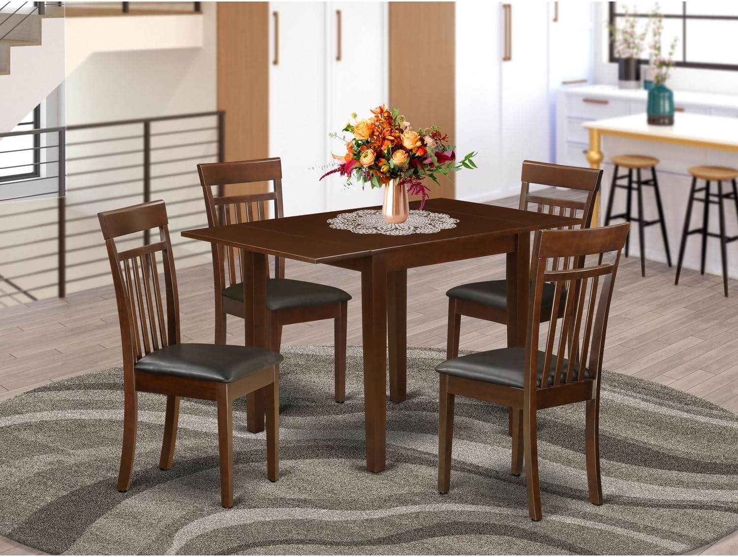 Timeless Trends Modern Dining Table Set for 5- Four Outstanding Wooden Dining Room Chairs - an Attractive Dining Room Table - Mahogany Color Faux Leather - Mahogany Finish Wood Structure