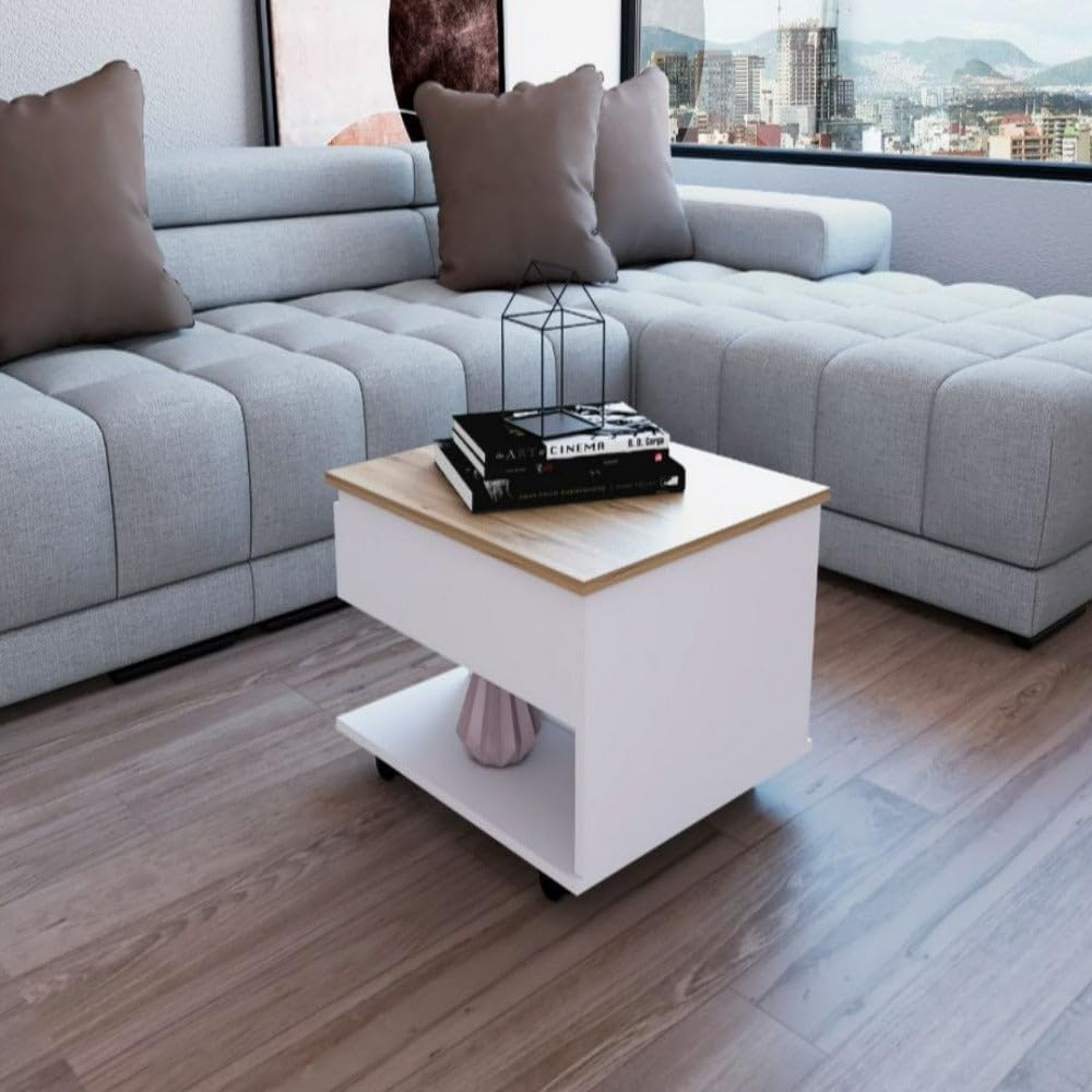 Lift Top Coffee Table Mercuri, Casters - White/Light Oak