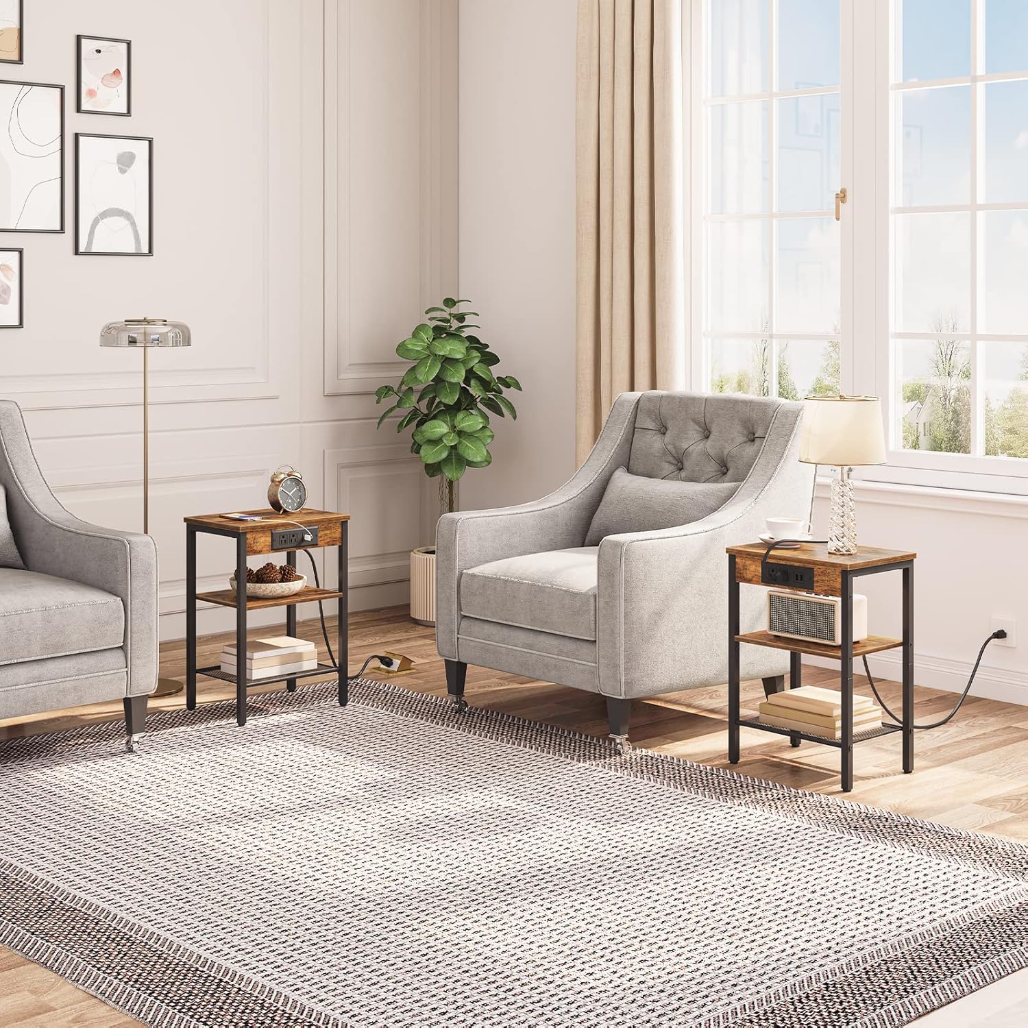 HOOBRO End Tables Set of 2 with Charging Station and Bamboo Side Tables Set of 2 Bundle, 3-Tier Night Stands for Living Room, Bedroom, BF112BZP201-MA151UBZP201