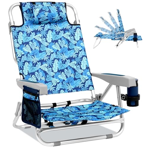 Folding Beach Chair Backpack for Adults, 5 Positions Adjustable Beach Chairs Heavy Duty Beach Seat Foldable with Large Cooler Pouch and Cup Holder Pocket, Up to 350 LBS Support
