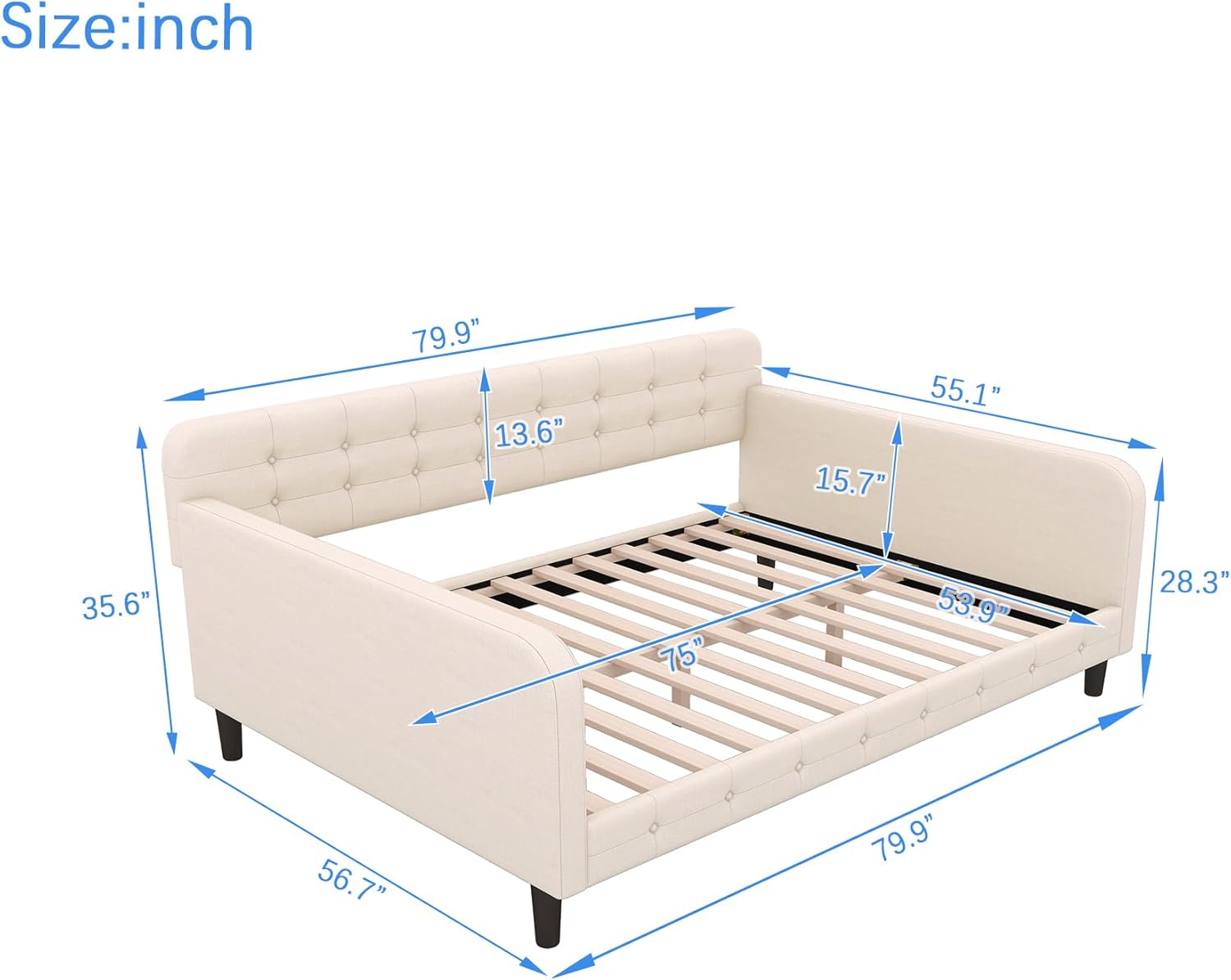 Full Size Upholstered Tufted Daybed with 4 Support Legs, Sofa Bed Frame with Comfortable Backrest and Armrests, for Living, Bedroom, Guest Room, Beige