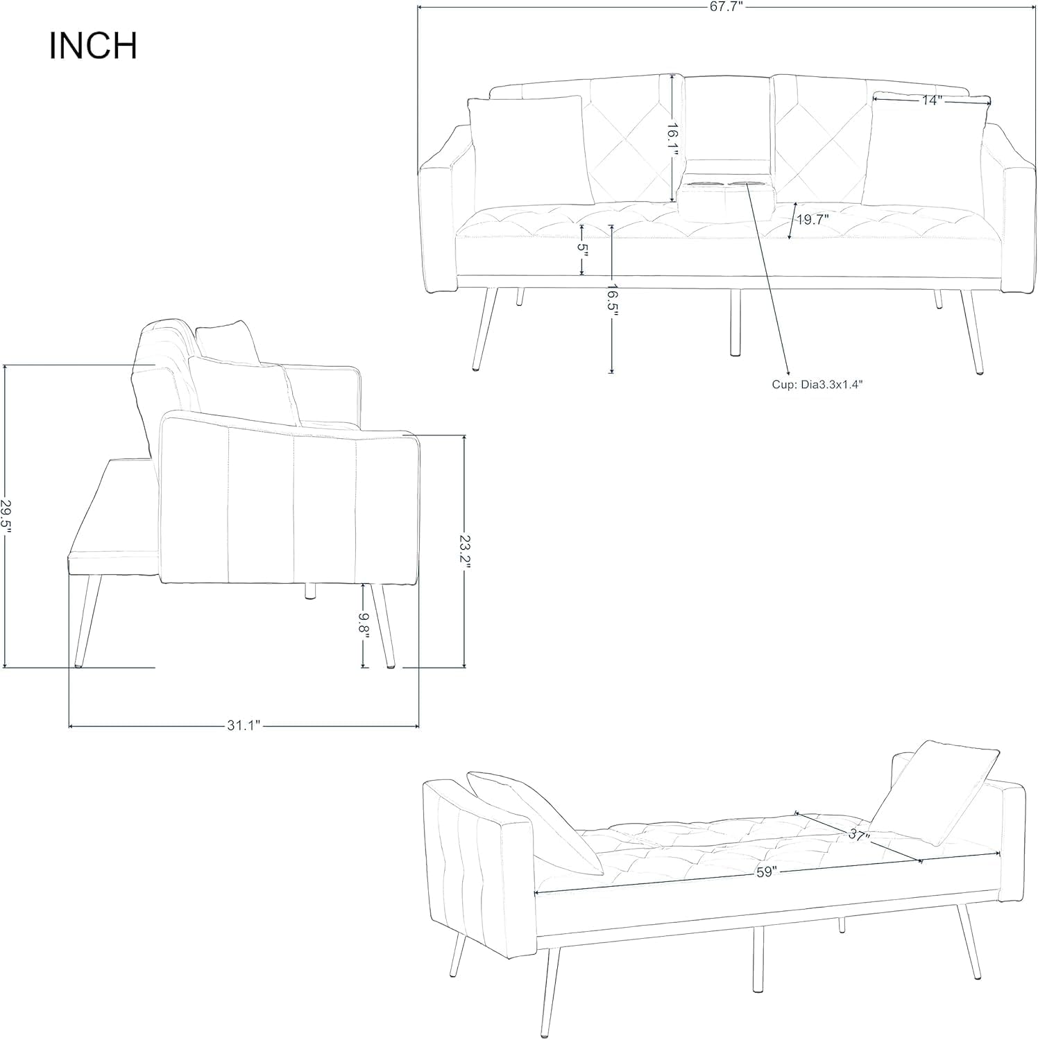 Sofa Bed Futon Couch Folding Recliner Sleeper Reversible Loveseat Convertible Daybed, 2 Cup Holders, 3 Angles Modern Living Room Furniture Sets, Black