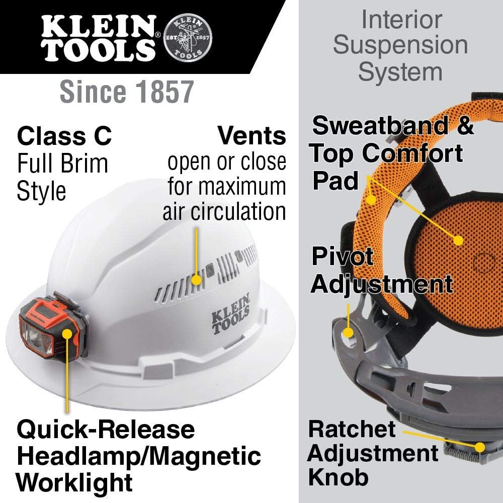 Klein Tools 80084 Hard Hat and Accessories Kit, Vented Full Brim Hard Hat, Headlamp, Sweat Band, Top Pad and Tinted Safety Glasses, 5-Piece