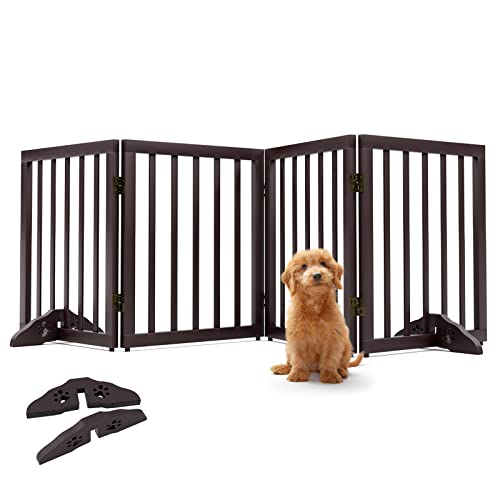 Freestanding Pet Gate Foldable Dog Gate (74 inches Wide) Walnut Bamboo Dog Gates for Stair Doorways House Dog Fences Indoor (2 Support Feet Included)
