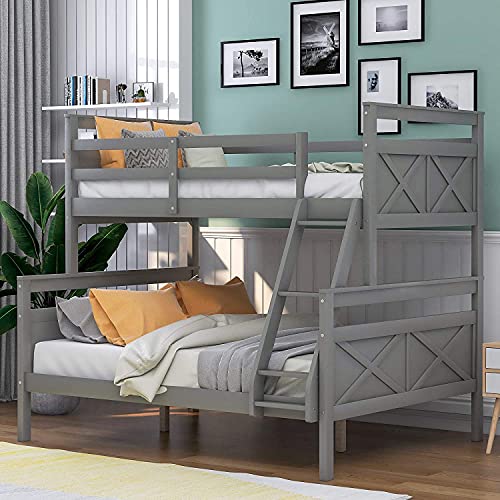 Twin Over Full Bunk Bed, Bunk Bed Twin Over Full Size with Ladder, Wood Bunk Bed Frame with Guardrails for Boys Girls Teens Adults, Can be Convertible to 2 Beds, No Box Spring Needed, Grey
