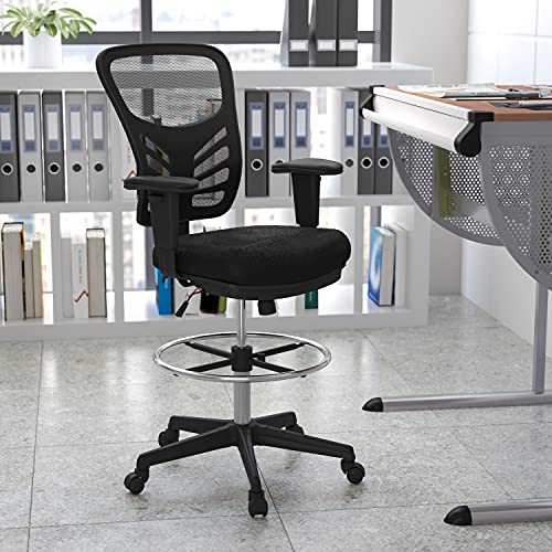 EMMA + OLIVER Mid-Back Gray Mesh/White Frame Adjustable Ergonomic Drafting Chair, Task Chair