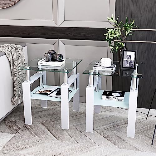 Glass Side Table 2-Tier Modern Glass Top Corner Table Living Room Side Table with Metal Leg for Living Room, Dining Room, Bedroom (White-H, 1pc)