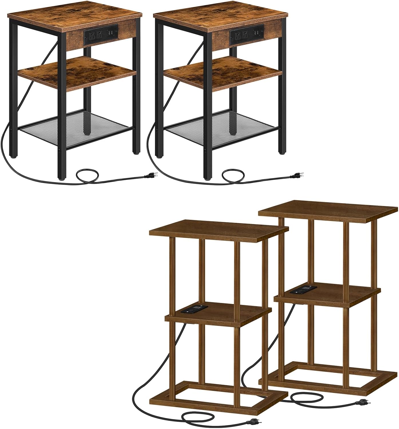HOOBRO End Tables Set of 2 with Charging Station and Bamboo Side Tables Set of 2 Bundle, 3-Tier Night Stands for Living Room, Bedroom, BF112BZP201-MA151UBZP201