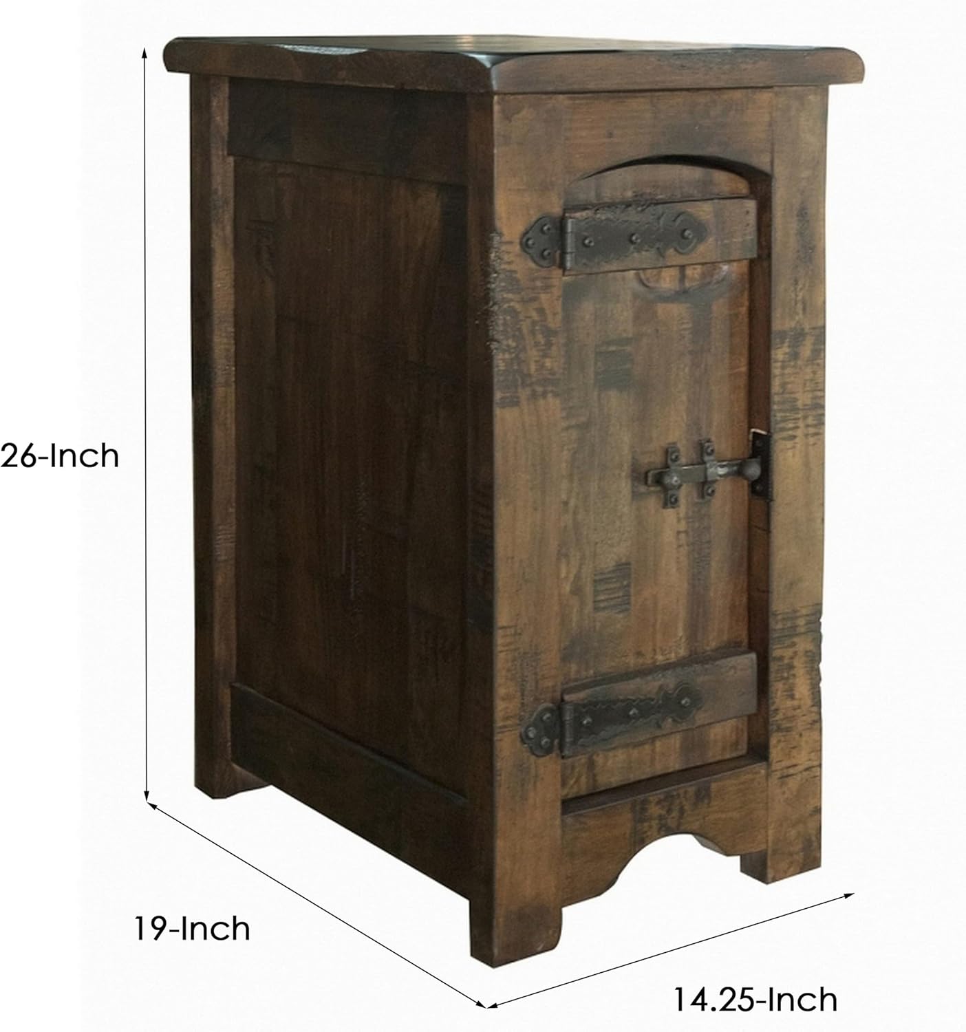 Benjara Exo 26 Inch Chairside End Table with 1 Door, Solid Pine Wood, Rustic Brown