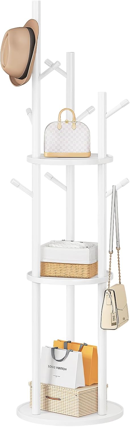 Coat Rack Freestanding Wooden Hat Rack Stand with 9 Hooks and 3 Round Tray Storage Shelves for Hanging Clothes Hats Bags Umbrella Keys for Entryway,Hallway,Bedroom (White)