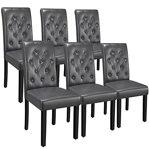 Yaheetech Dining Chairs with Leather Seat and Solid Wood Legs Button Tufted Padded Kitchen Chair Accent Side Chair for Home Kitchen and Restaurant, Set of 6, White