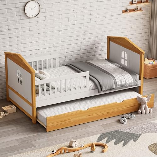 Twin Size Day Bed with 3 Trawers, Twin Captain Bed with Bookcase Headboard, Wooden Day Bed Sofa Bed Frame with Extra Storage Shelves for Guest Room, Small Bedroom, Study Room (Gray-3 Trawers,52)