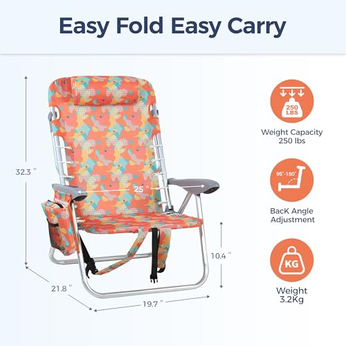 LET'S CAMP Backpack Beach Chair Set of 2, 4-Position Classic Lay Flat, Pillow and Padded Shoulder Straps, Storage Pouch and Towel Bar, Support 250LBS, Wave