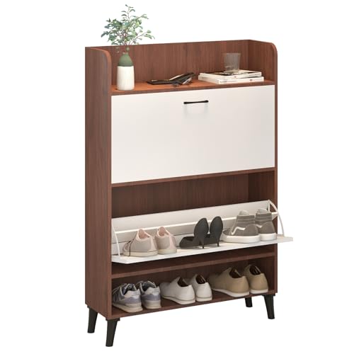 AIMEZO Slim Shoe Cabinet,Shoe Cabinet with Storage Top Cubby, Wood Shoes Organizer with Flip Drawers &Open Shelves,2 Tier Freestanding Tipping Bucket Shoe Rack for Entryway, Hallway, Living Room