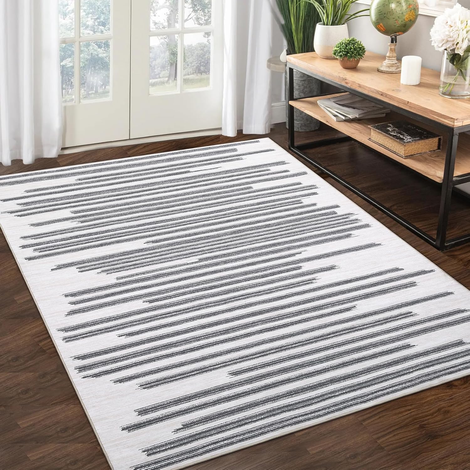 Area Rug 9X12 Modern Berber Stripe Indoor Farmhouse Area-Rug Low Pile Non Slip Throw Rug Machine Washable Rug Stain-Resistant Carpet for Bedroom Living Room, Cream/Grey
