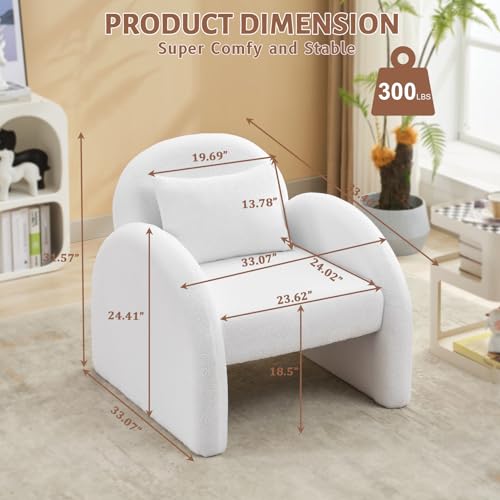 Sherpa Accent Chair,Teddy Upholstered Arm Single Sofa,Modern Fluffy Reading Chair for Living Room, Bedrooms, Corner,Mid Century Accent Armchair Velvet White Accent Chair for Office Study