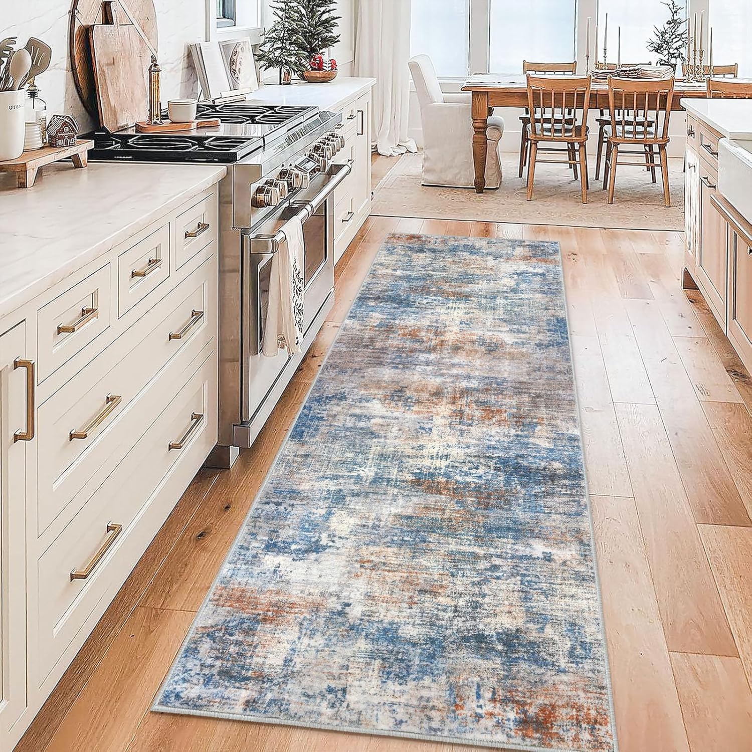 IOHOUZE Abstract Runner Rug 3x8 Ft Washable Runners for Hallways, Non Slip Kitchen Runner Soft Faux Wool Entryway Rug Runner Indoor, Modern Abstract Floor Carpet for Hall Bedroom, Blue Rust