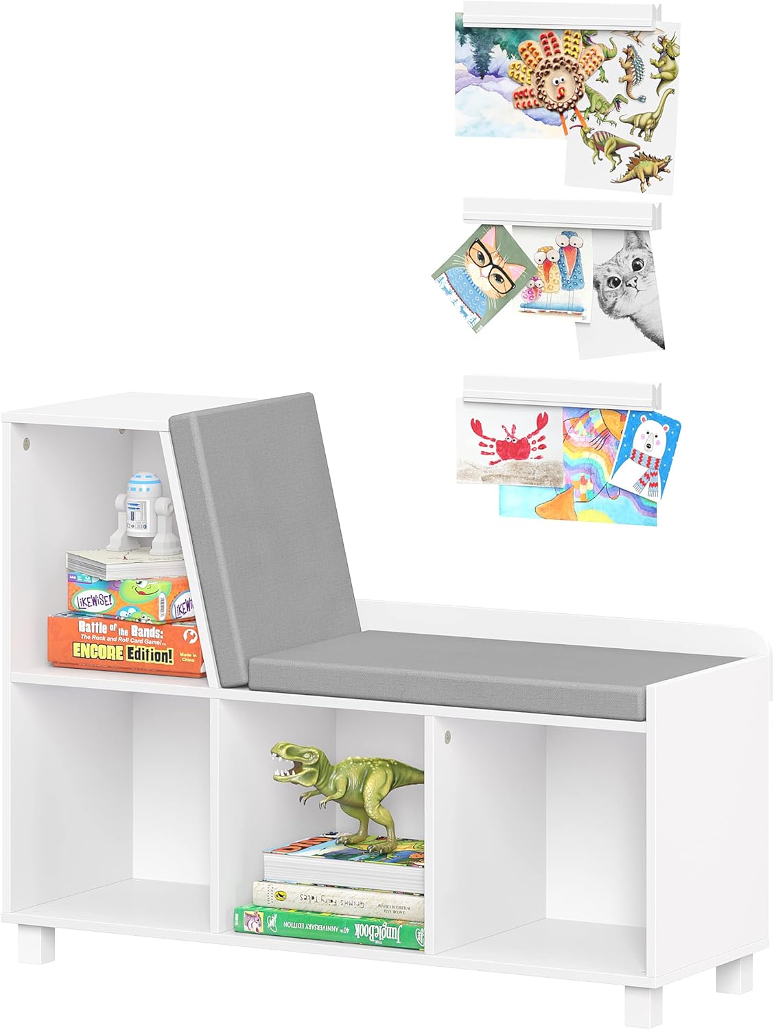 RiverRidge White Book Nook Kids Storage Bench with Cubbies with a 3-Pack Magnetic Art Bar