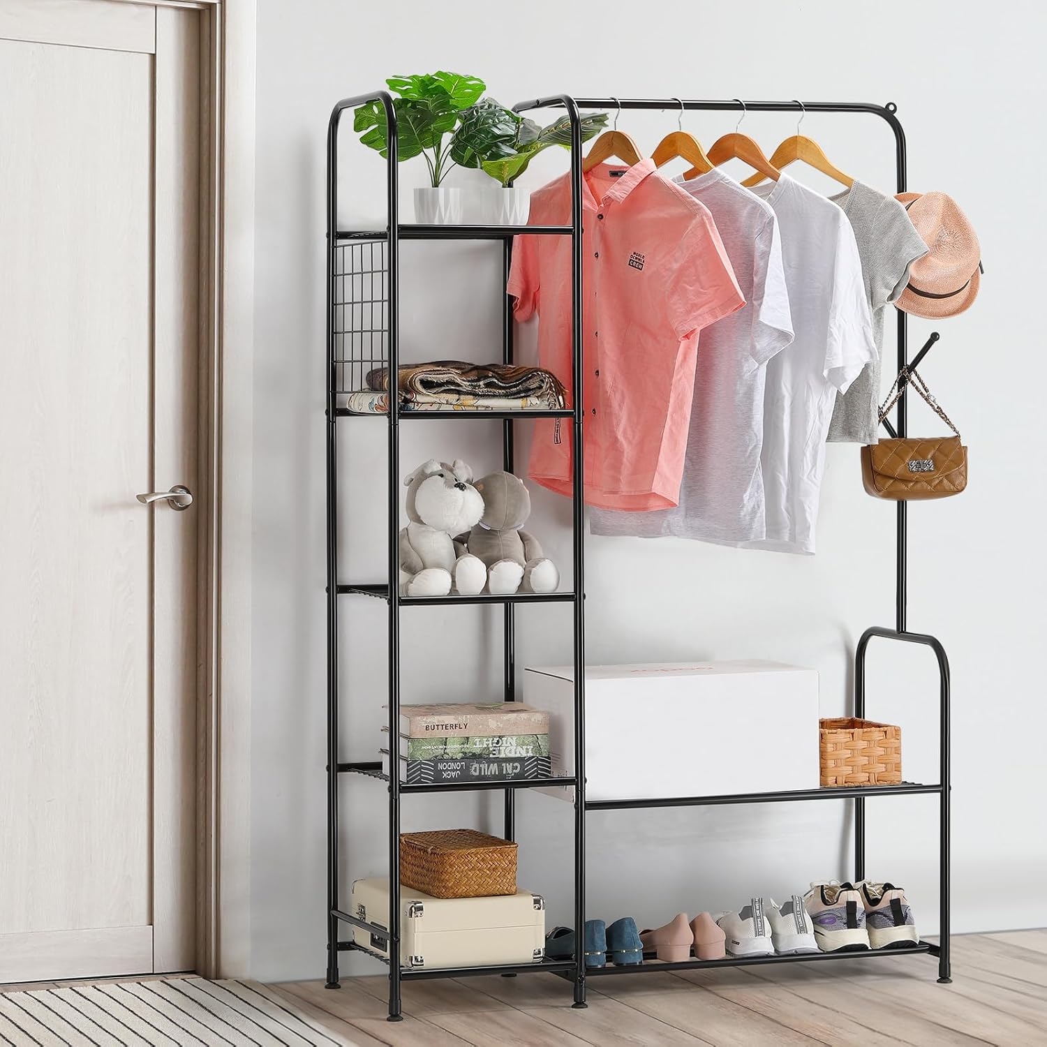 HEOMU Garment Rack with Shelves, Freestanding Clothes Rack, Portable Clothing Racks for Hanging Clothes, Coats, Shirts, Black