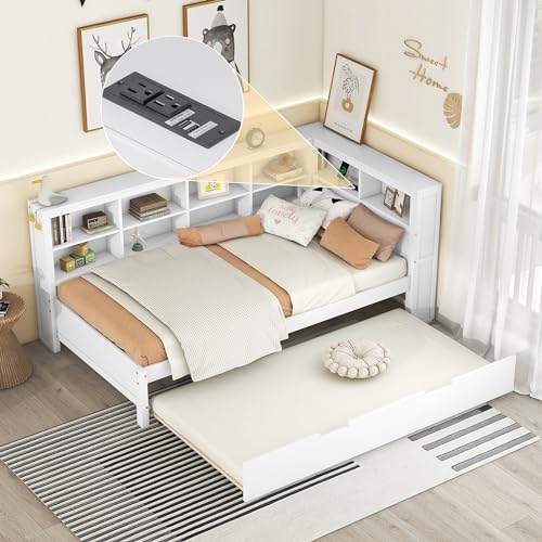 Harper & Bright Designs Twin Daybed Frame with L-Shaped Bookcases, Wood Bed Frames with Trundle and USB Ports,Twin Size Platform Bed with Storage Shelf and Charging Station for Kids Girls Boys, White