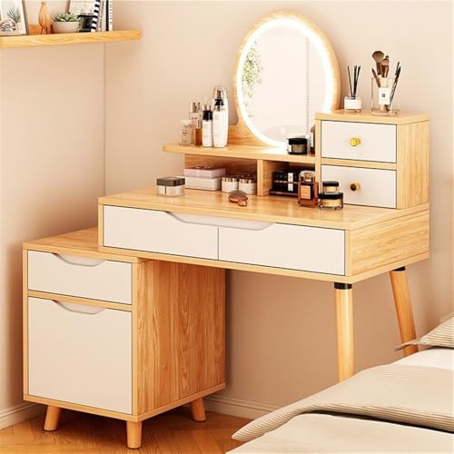 Elegant Modern Vanity Desk with Adjustable Three-Color Mirror and Ample Storage Space - Detachable Desktop, and Side Cabinets(White brown)