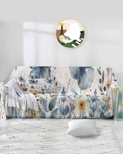 Floral Blue Sofa Cover Couch Covers for 3 Cushion Couch Throw Couch Cover with Tassel Soft Sofa Slipcover Spring Watercolor Flower Plants on Burlap Couch Furniture Protector for Dog Pet 71