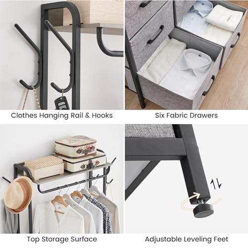 Clothing Rack with Drawers, Heavy Duty Garment Rack with 6 Drawers, Wood Top & Metal Frame, Free Standing Closet Organizer with Top Open Shelf and 4 Side Hooks for Hanging Shirts, Dresses, Jackets