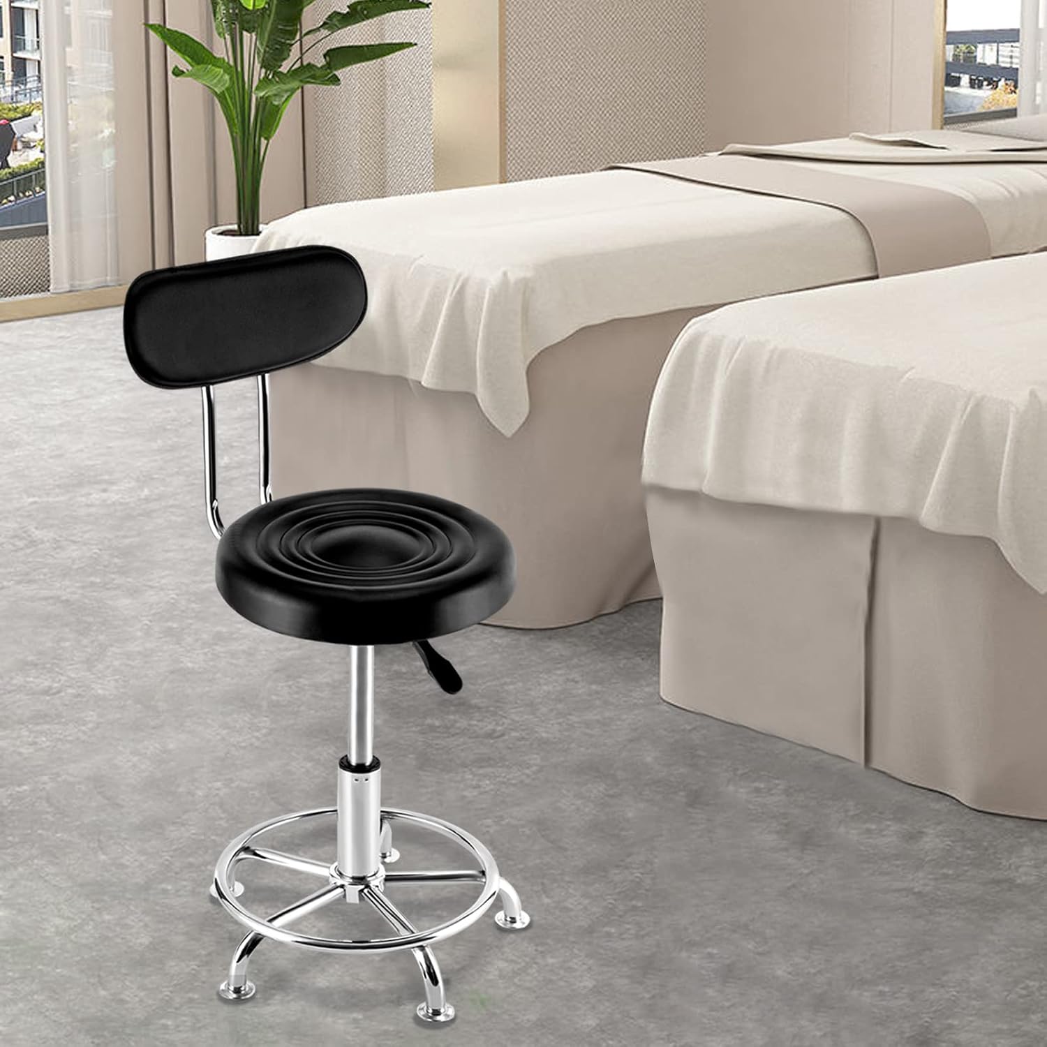 Rolling Stool Salon Chair with 360-degree Swivel Seat, Height Adjustable High Barber Cutting Stools, Rolling Swivel Salon Stool Chair with Backrest and Wheels, Leather,Thick Seat Padding