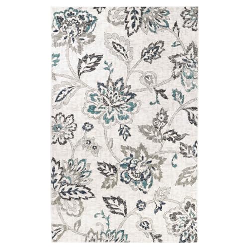 Superior Indoor Large Area Rug for Hallways, Entry, Office, Living/Bedroom, Hardwood, Tile, Floor Cover, Plush Carpet Cover, Modern Farmhouse Floral Decor, Jacobean Collection, 7' x 9', Blue Ivory