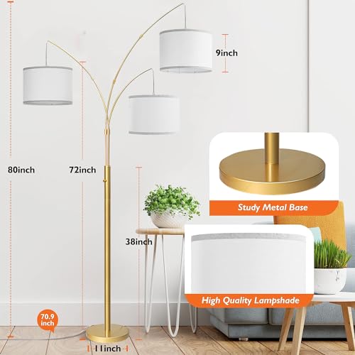 3 Lights Arc Floor Lamps for Living Room,Modern Tall Standing Lamp Hanging Over The Couch with Shades & Heavy Base,Mid Century Black Tree Floor Lamp for Bedroom Office
