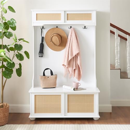 65''Entryway Hall Trees with 4 Hooks, 4-IN-1 Storage Shelves and Shoes Bench, Freestanding Closet Organizer with Coat Rack and Rattan Storage Drawers Shelves for Hallway Bedroom White